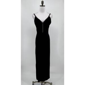 Aspeed USA Vintage Black V Neck Rhinestone Trim Sleeveless Maxi Slip Dress
